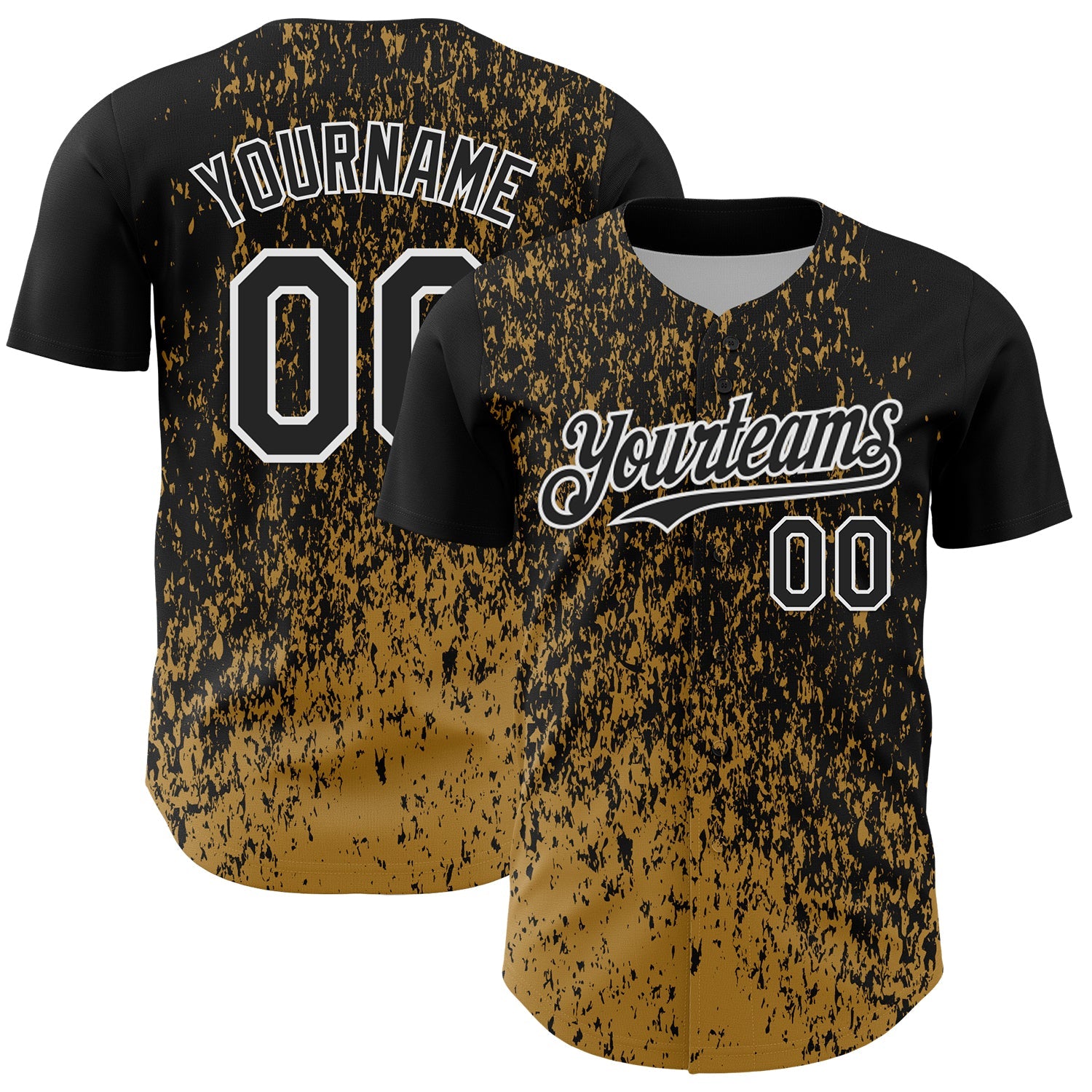 Custom Black Old Gold-White Abstract Fragment Splatter Authentic Baseball Jersey - Main View