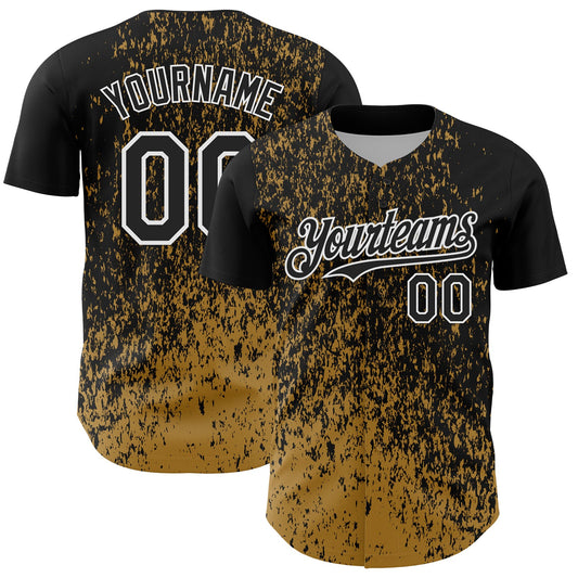 Custom Black Old Gold-White Abstract Fragment Splatter Authentic Baseball Jersey - Main View