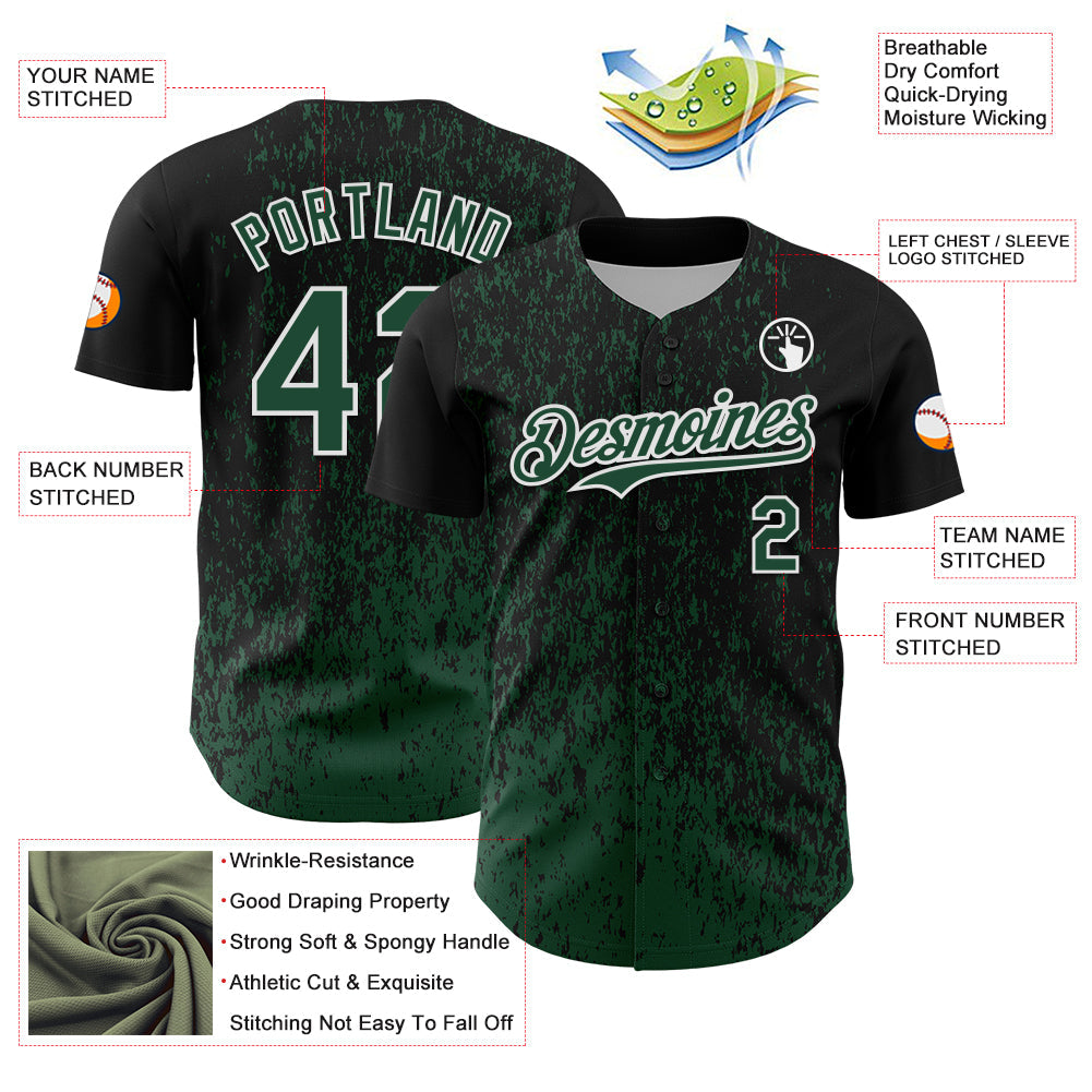 Custom Black Green-White Abstract Fragment Splatter Authentic Baseball Jersey view 3