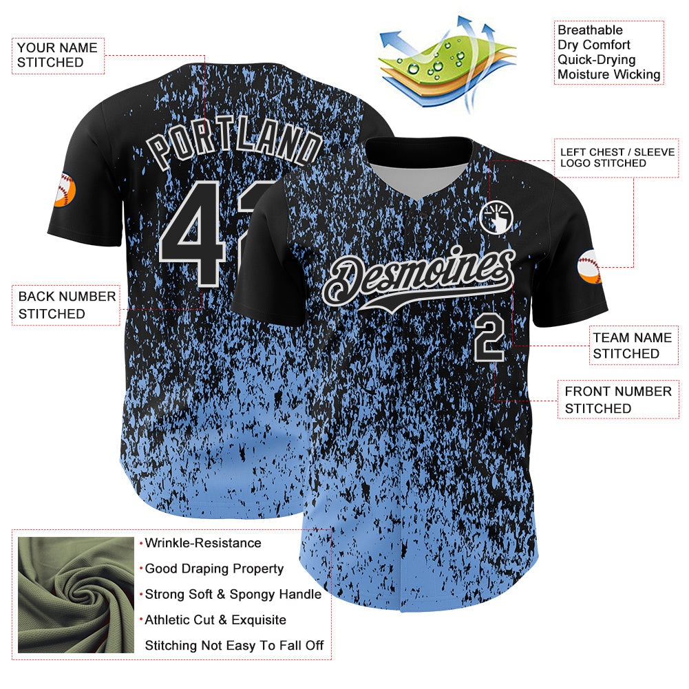 Custom Black Light Blue-White Abstract Fragment Splatter Authentic Baseball Jersey view 3