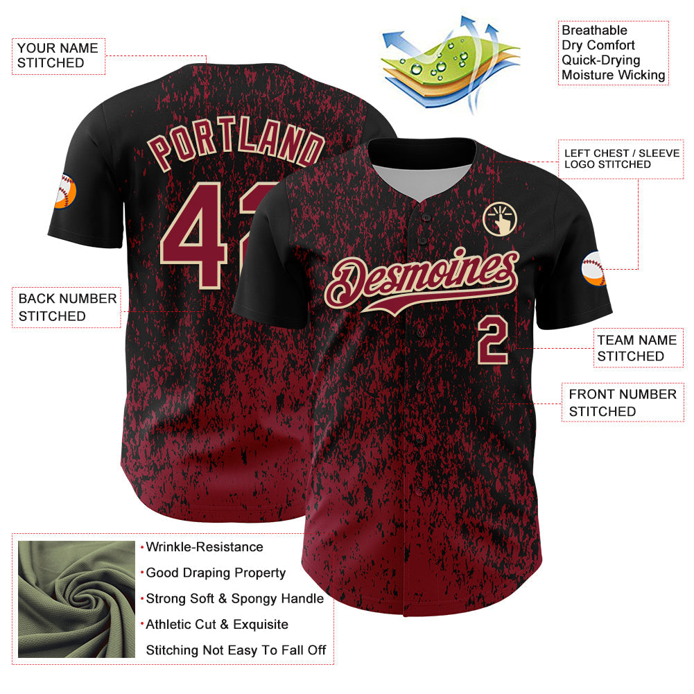 Custom Black Crimson-Cream Abstract Fragment Splatter Authentic Baseball Jersey view 3