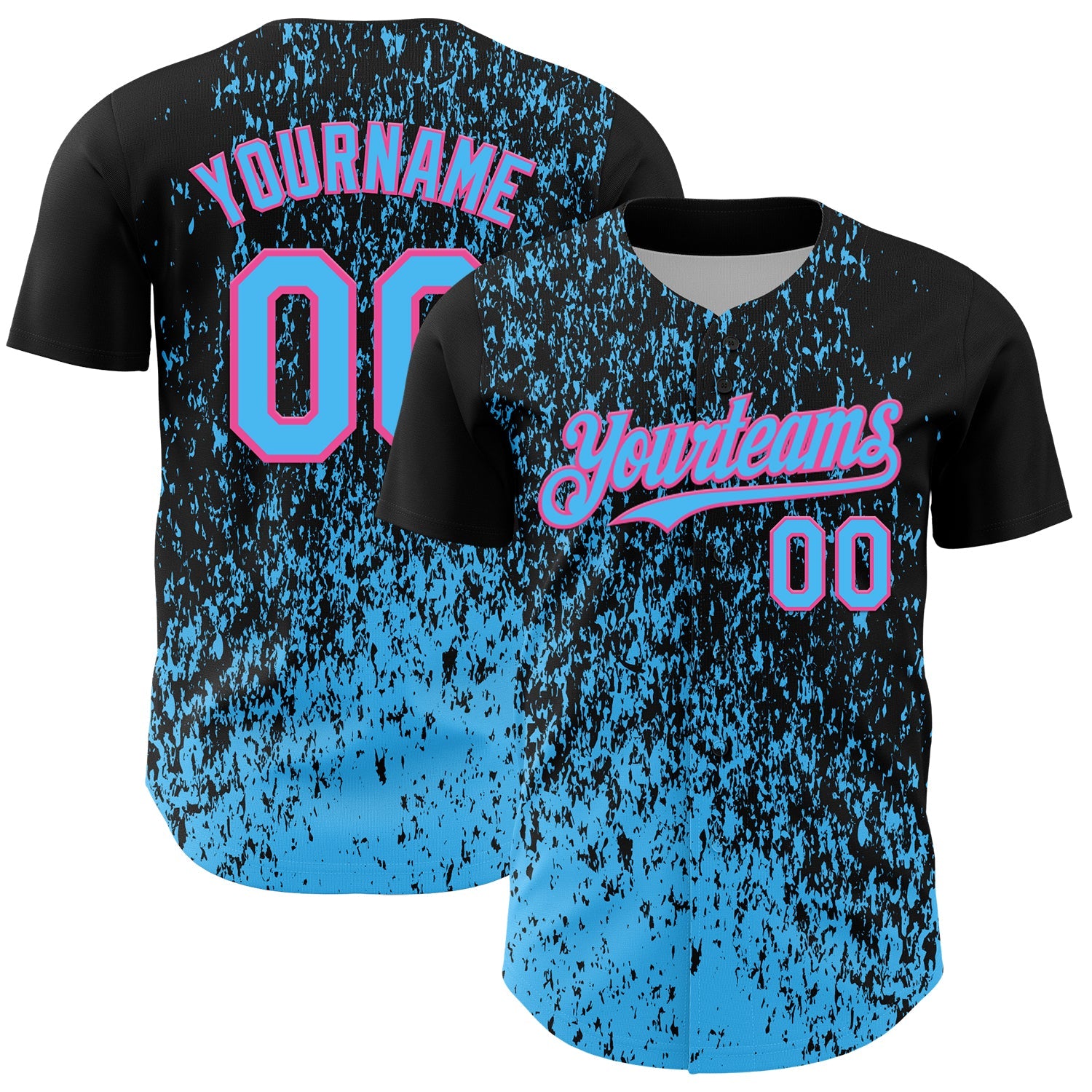 Custom Black Sky Blue-Pink Abstract Fragment Splatter Authentic Baseball Jersey - Main View
