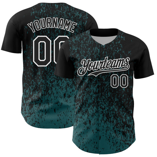Custom Black Midnight Green-White Abstract Fragment Splatter Authentic Baseball Jersey - Main View
