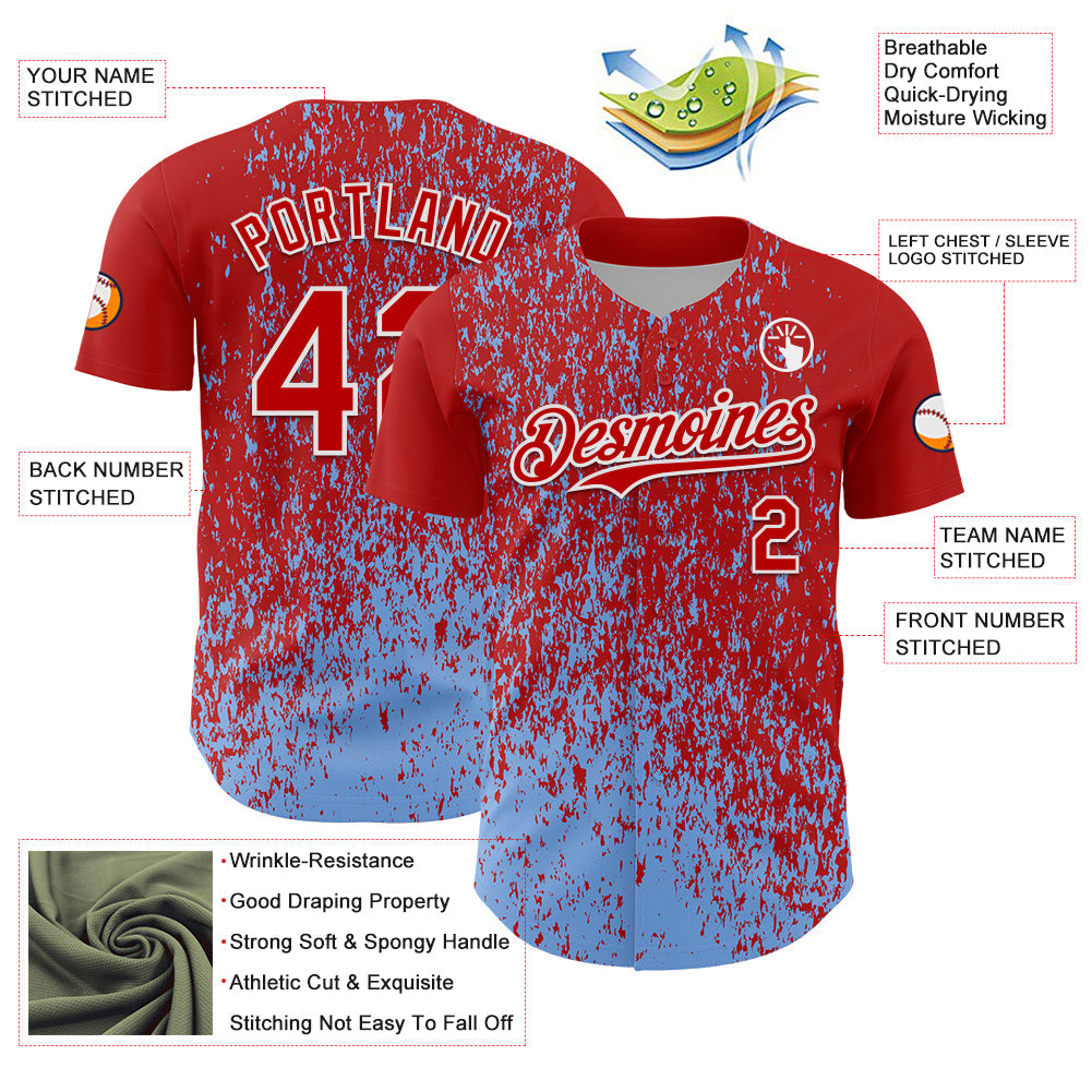 Custom Red Light Blue-White Abstract Fragment Splatter Authentic Baseball Jersey view 3