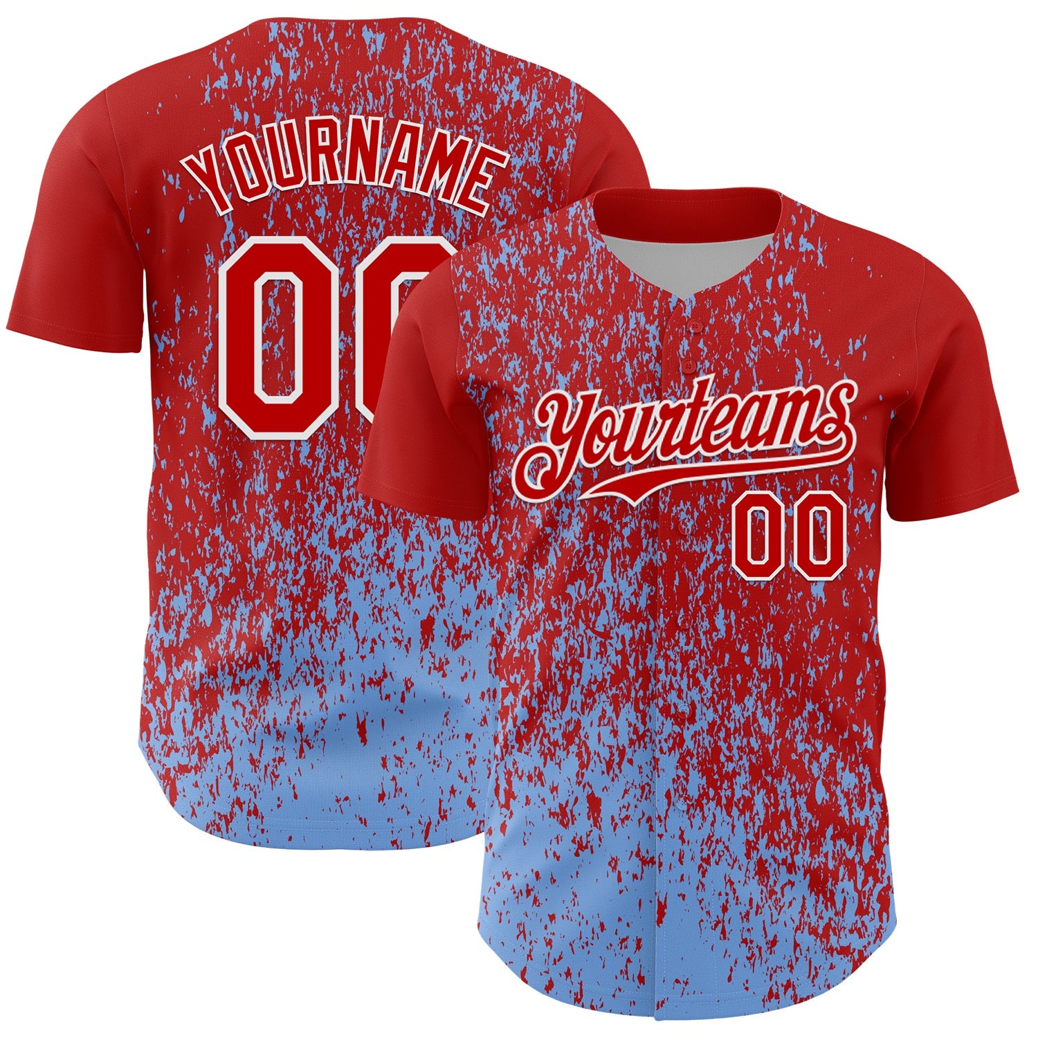 Custom Red Light Blue-White Abstract Fragment Splatter Authentic Baseball Jersey - Main View