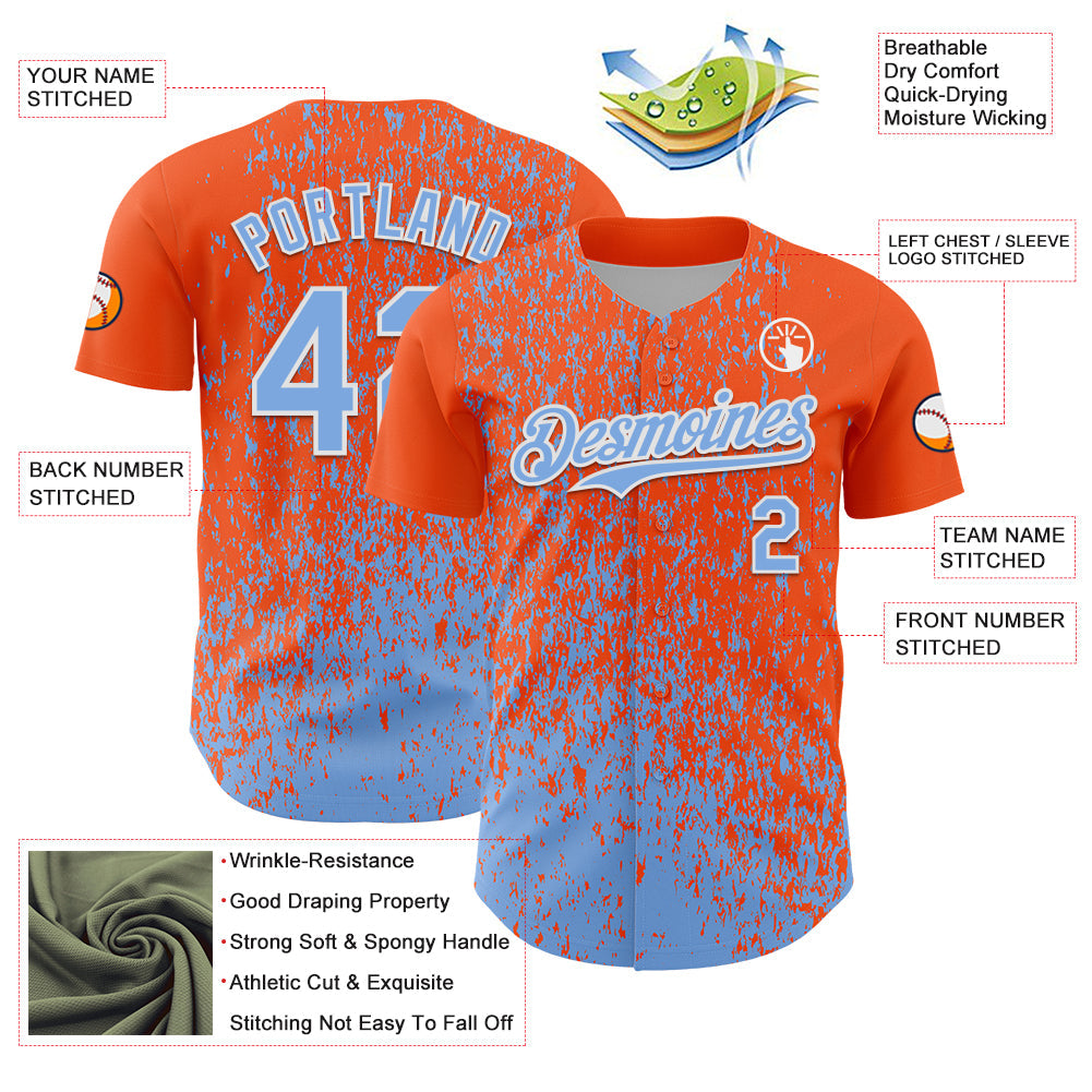 Custom Orange Light Blue-White Abstract Fragment Splatter Authentic Baseball Jersey view 3