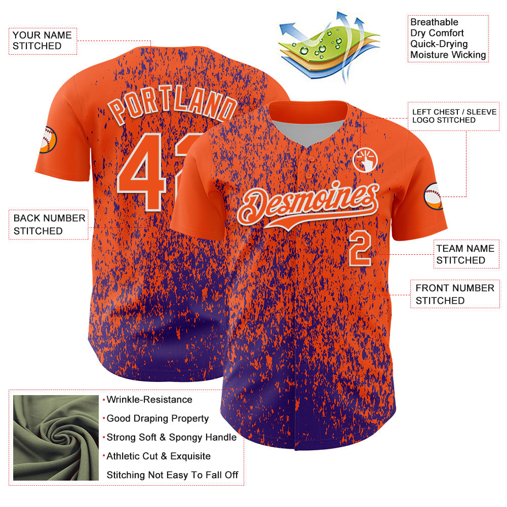 Custom Orange Purple-White Abstract Fragment Splatter Authentic Baseball Jersey view 3