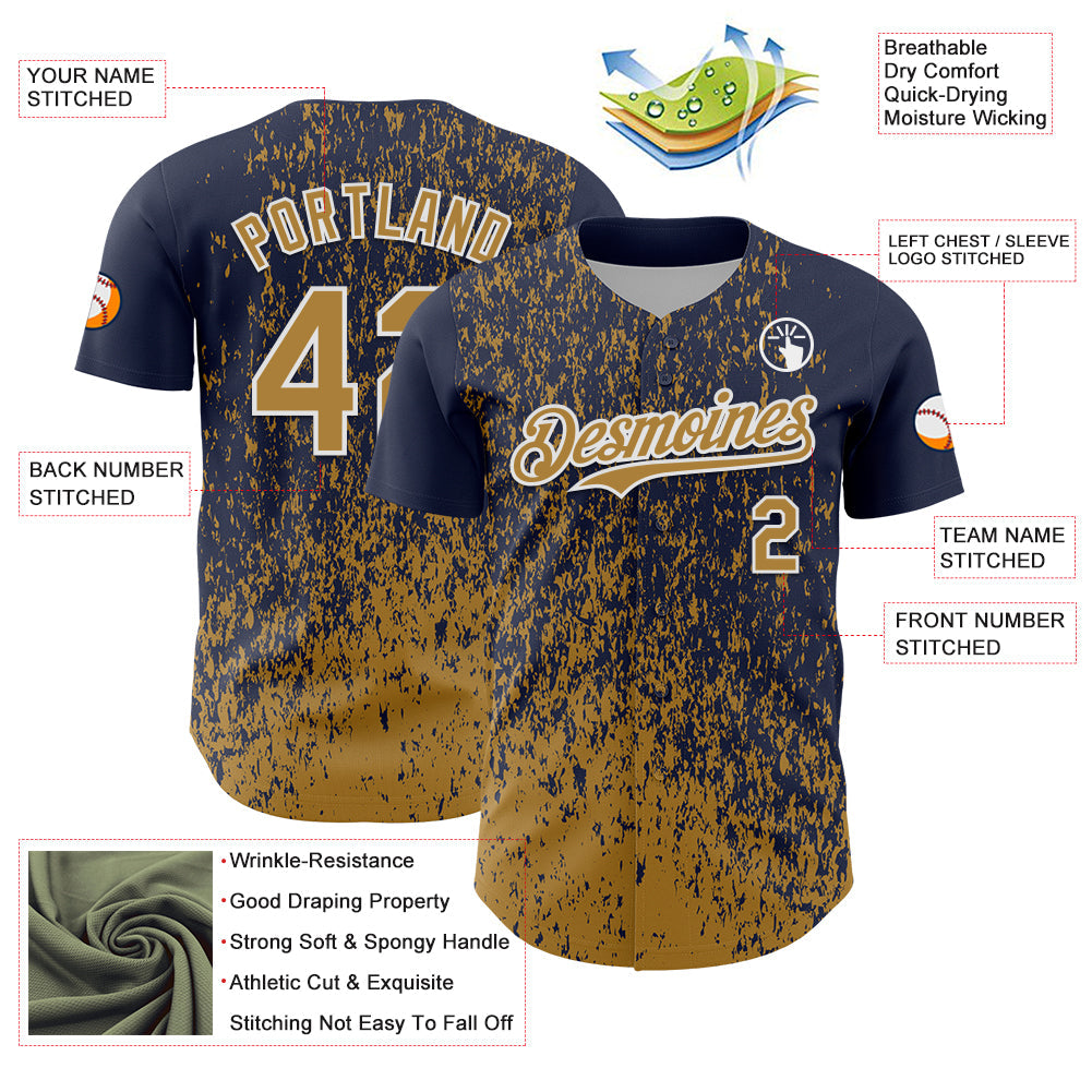 Custom Navy Old Gold-White Abstract Fragment Splatter Authentic Baseball Jersey view 3