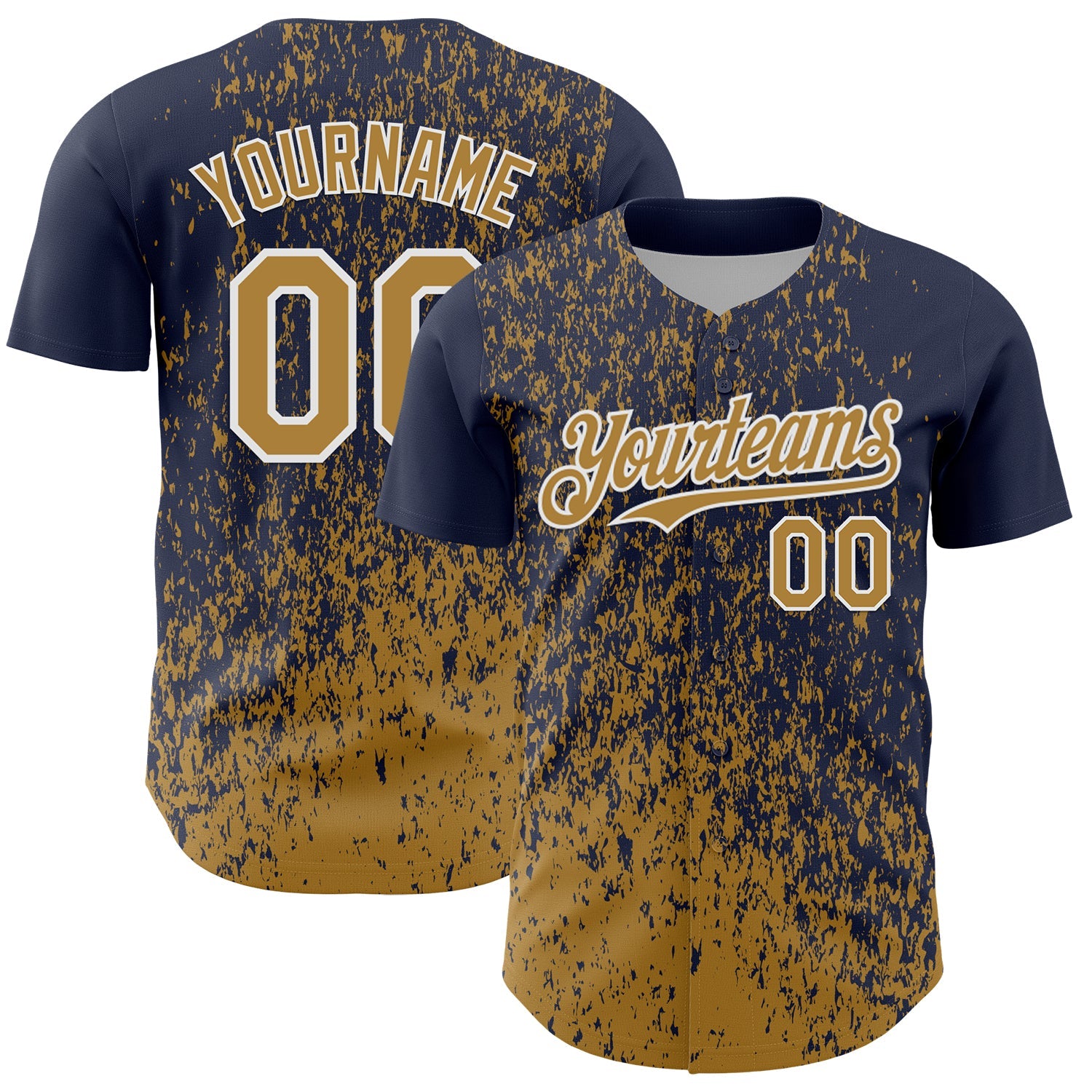 Custom Navy Old Gold-White Abstract Fragment Splatter Authentic Baseball Jersey - Main View
