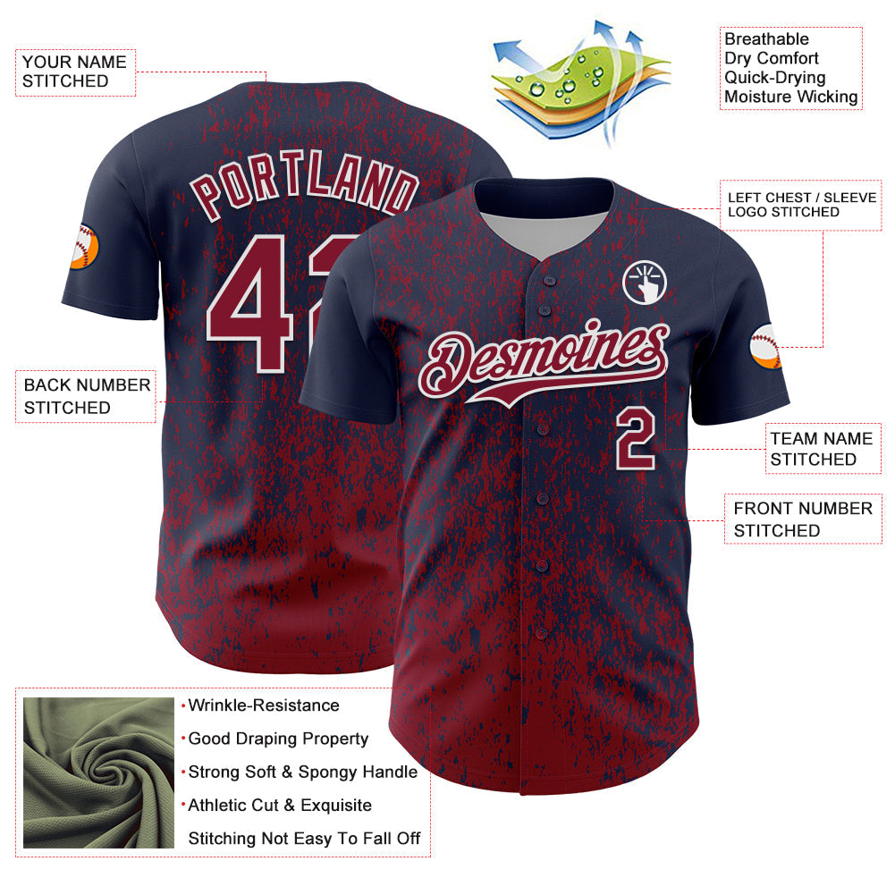Custom Navy Crimson-White Abstract Fragment Splatter Authentic Baseball Jersey view 3