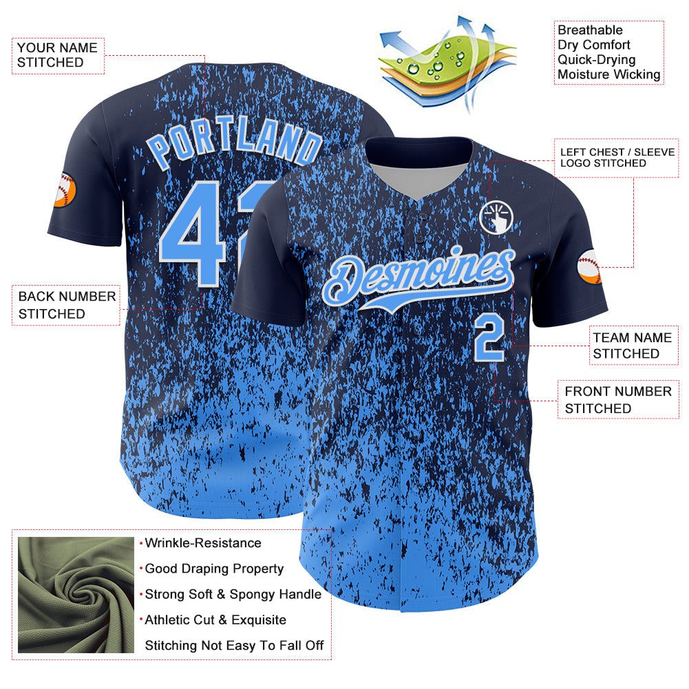 Custom Navy Electric Blue-White Abstract Fragment Splatter Authentic Baseball Jersey view 3