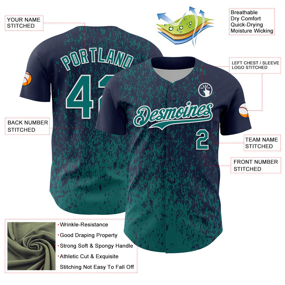 Custom Navy Teal-White Abstract Fragment Splatter Authentic Baseball Jersey view 3