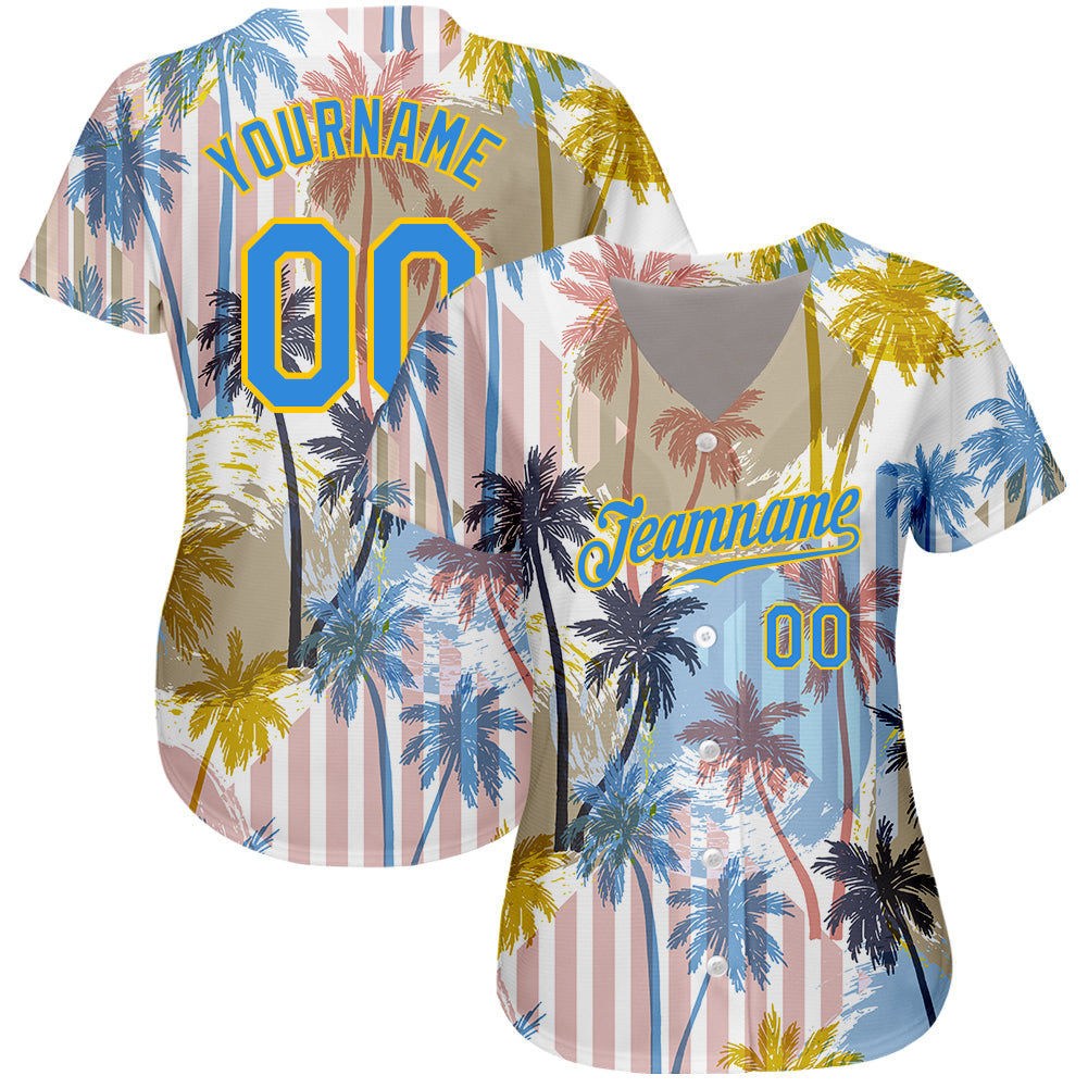 Custom White Electric Blue-Yellow 3D Pattern Design Hawaii Coconut Palms Authentic Baseball Jersey view 2