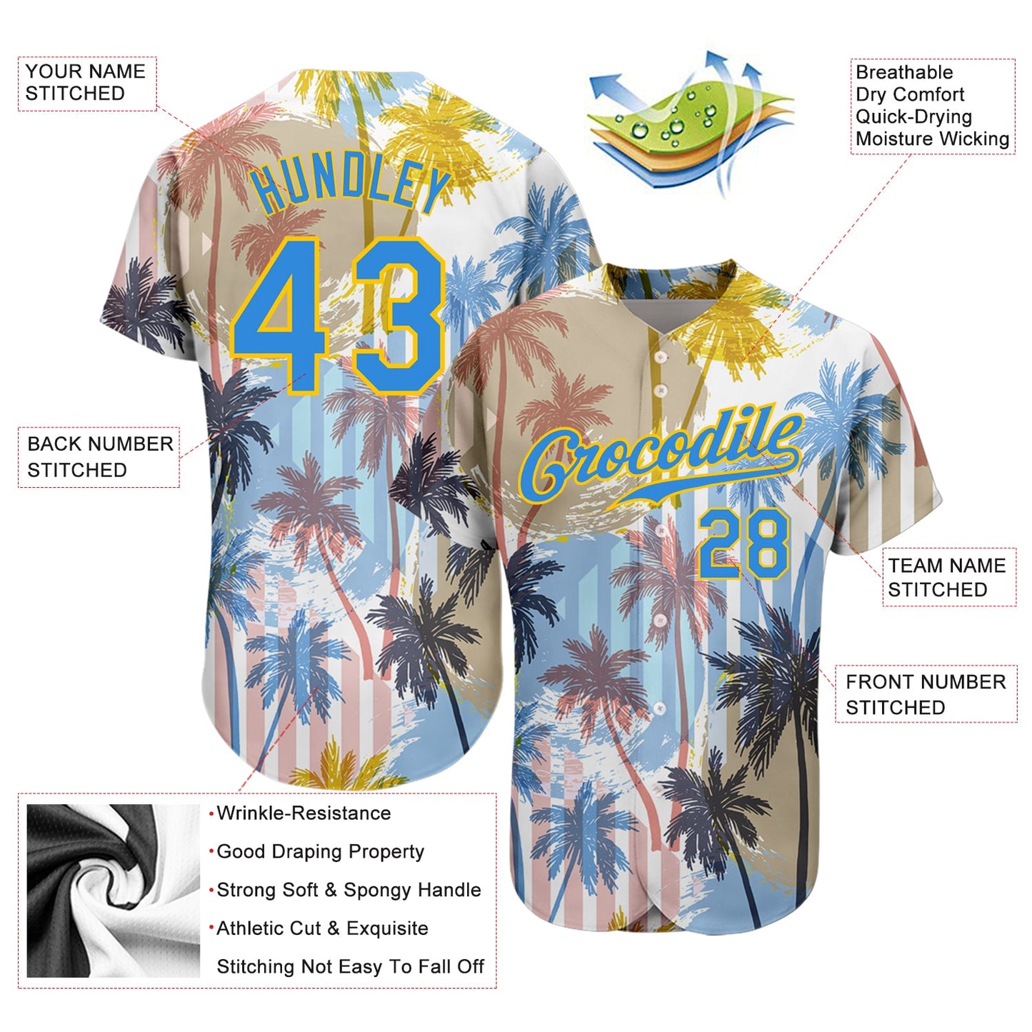 Custom White Electric Blue-Yellow 3D Pattern Design Hawaii Coconut Palms Authentic Baseball Jersey view 3