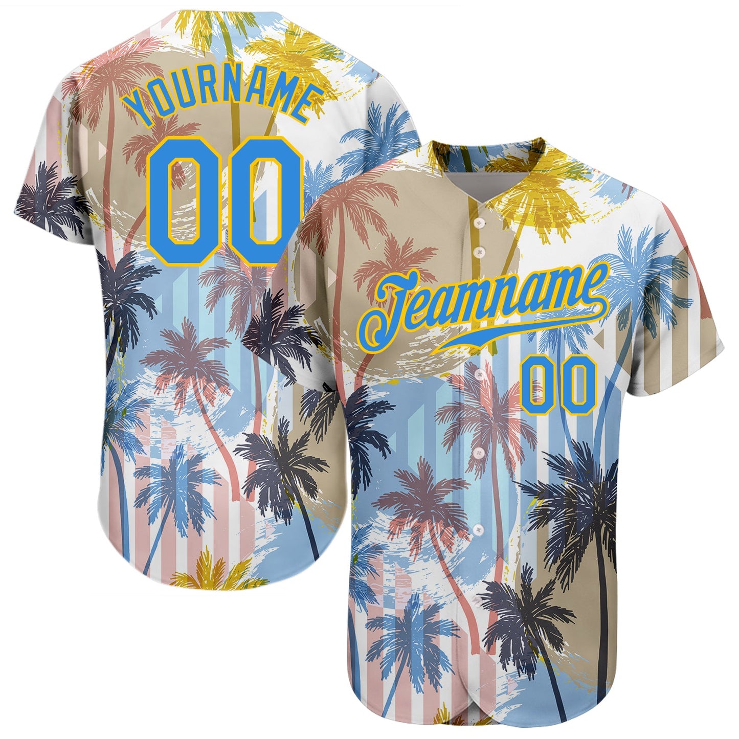 Custom White Electric Blue-Yellow 3D Pattern Design Hawaii Coconut Palms Authentic Baseball Jersey - Main View