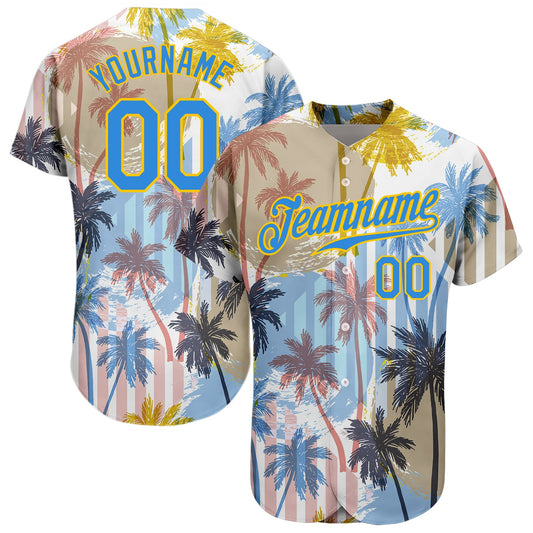 Custom White Electric Blue-Yellow 3D Pattern Design Hawaii Coconut Palms Authentic Baseball Jersey - Main View