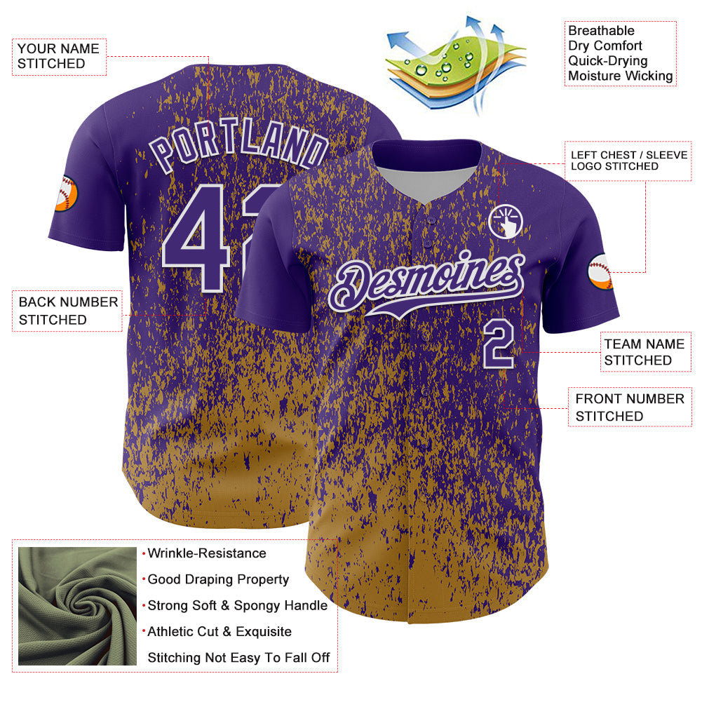 Custom Purple Old Gold-White Abstract Fragment Splatter Authentic Baseball Jersey view 3