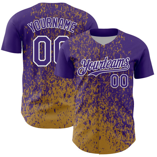 Custom Purple Old Gold-White Abstract Fragment Splatter Authentic Baseball Jersey - Main View