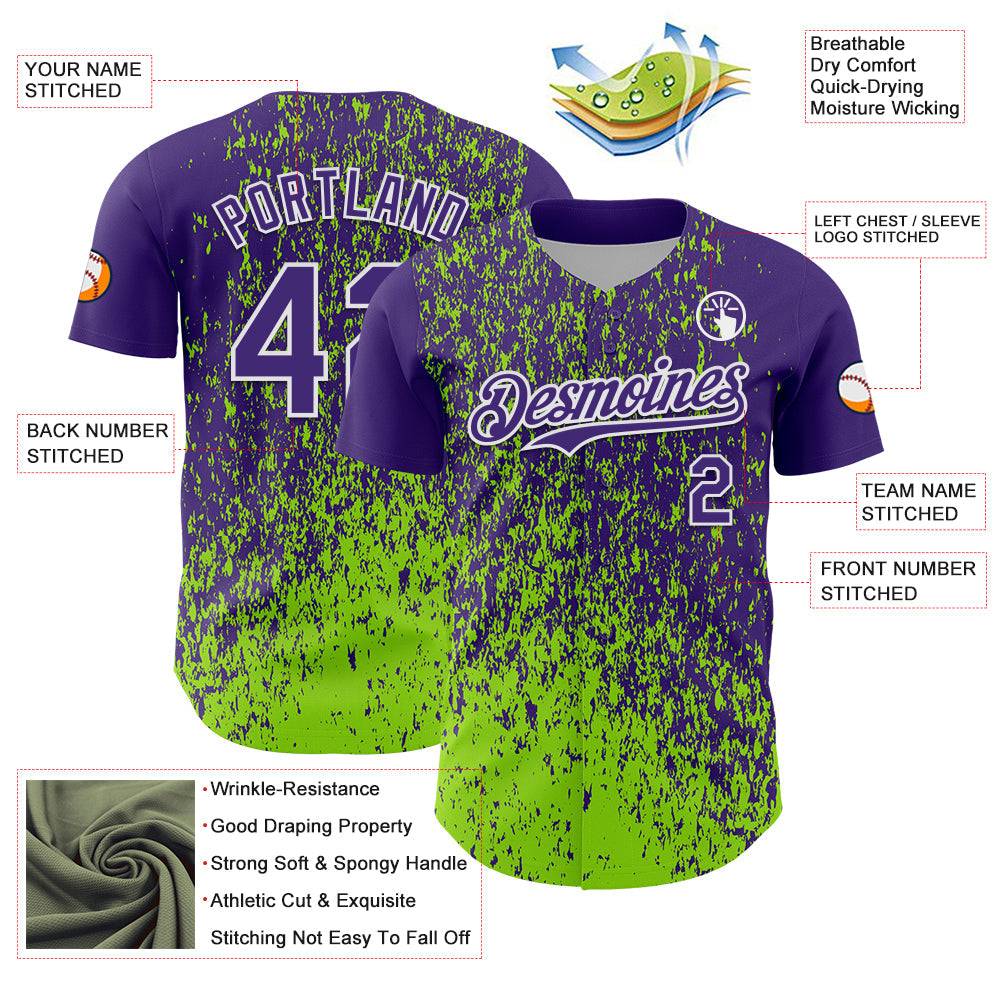 Custom Purple Neon Green-White Abstract Fragment Splatter Authentic Baseball Jersey view 3