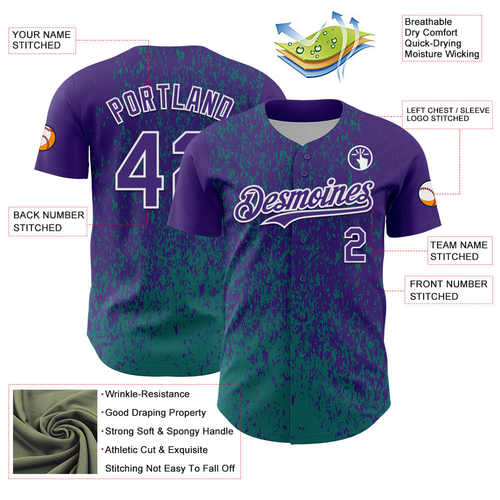 Custom Purple Teal-White Abstract Fragment Splatter Authentic Baseball Jersey view 3