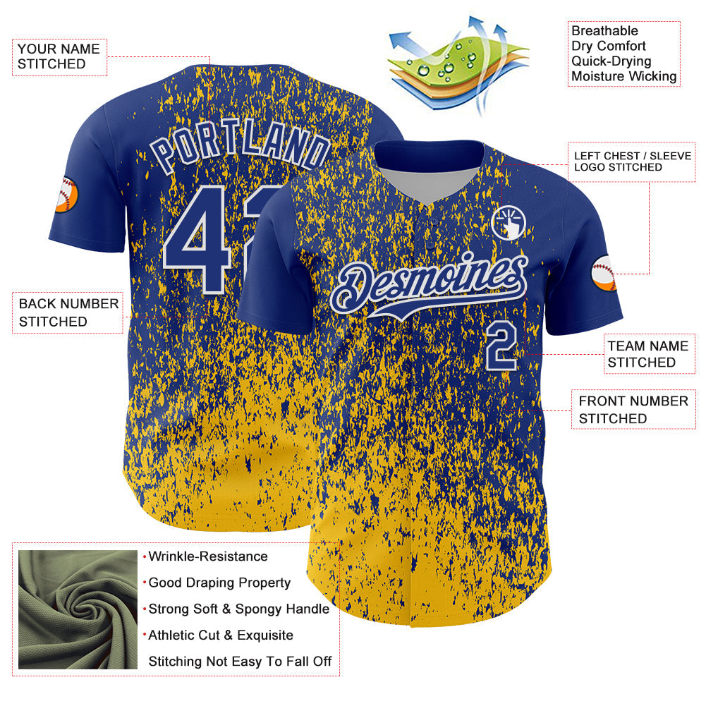 Custom Royal Yellow-White Abstract Fragment Splatter Authentic Baseball Jersey view 3