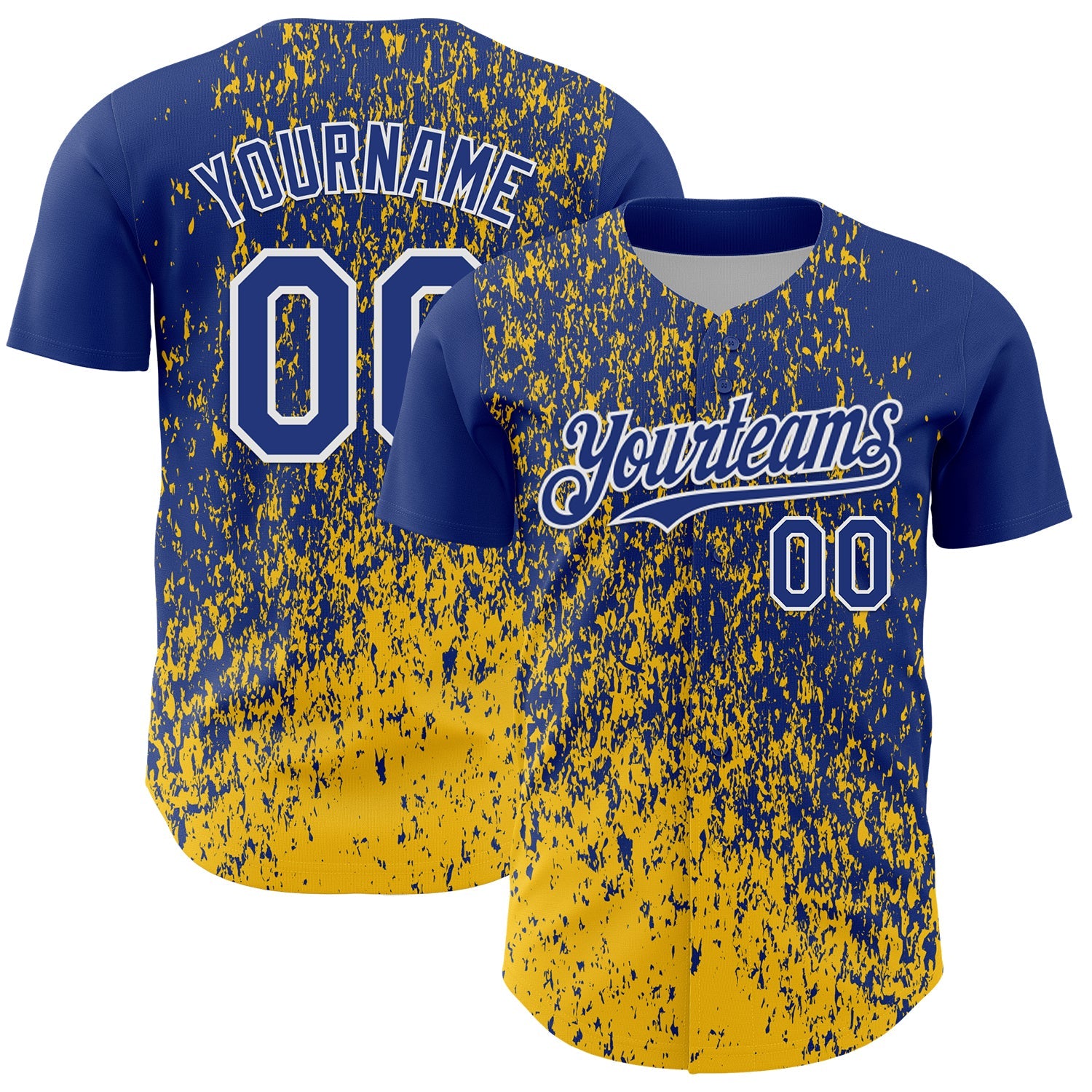 Custom Royal Yellow-White Abstract Fragment Splatter Authentic Baseball Jersey - Main View