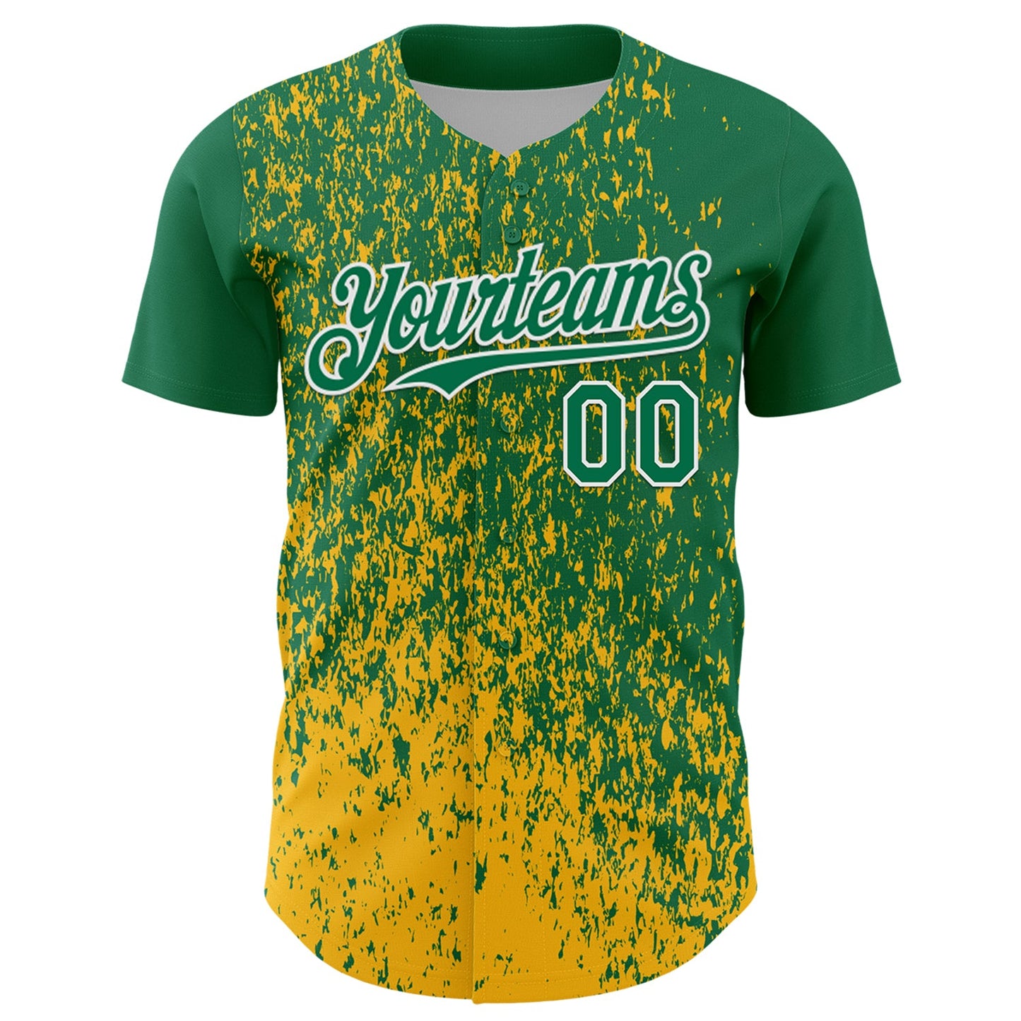 Custom Kelly Green Gold-White Abstract Fragment Splatter Authentic Baseball Jersey view 2