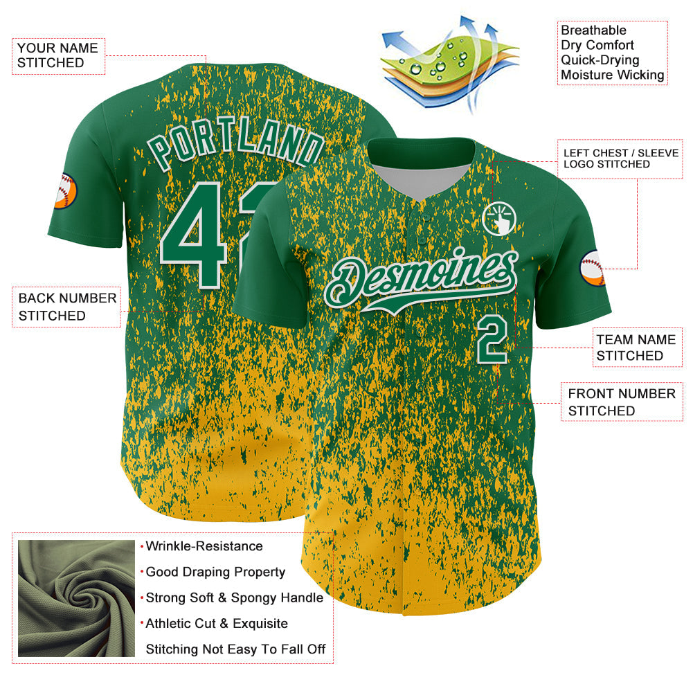 Custom Kelly Green Gold-White Abstract Fragment Splatter Authentic Baseball Jersey view 3