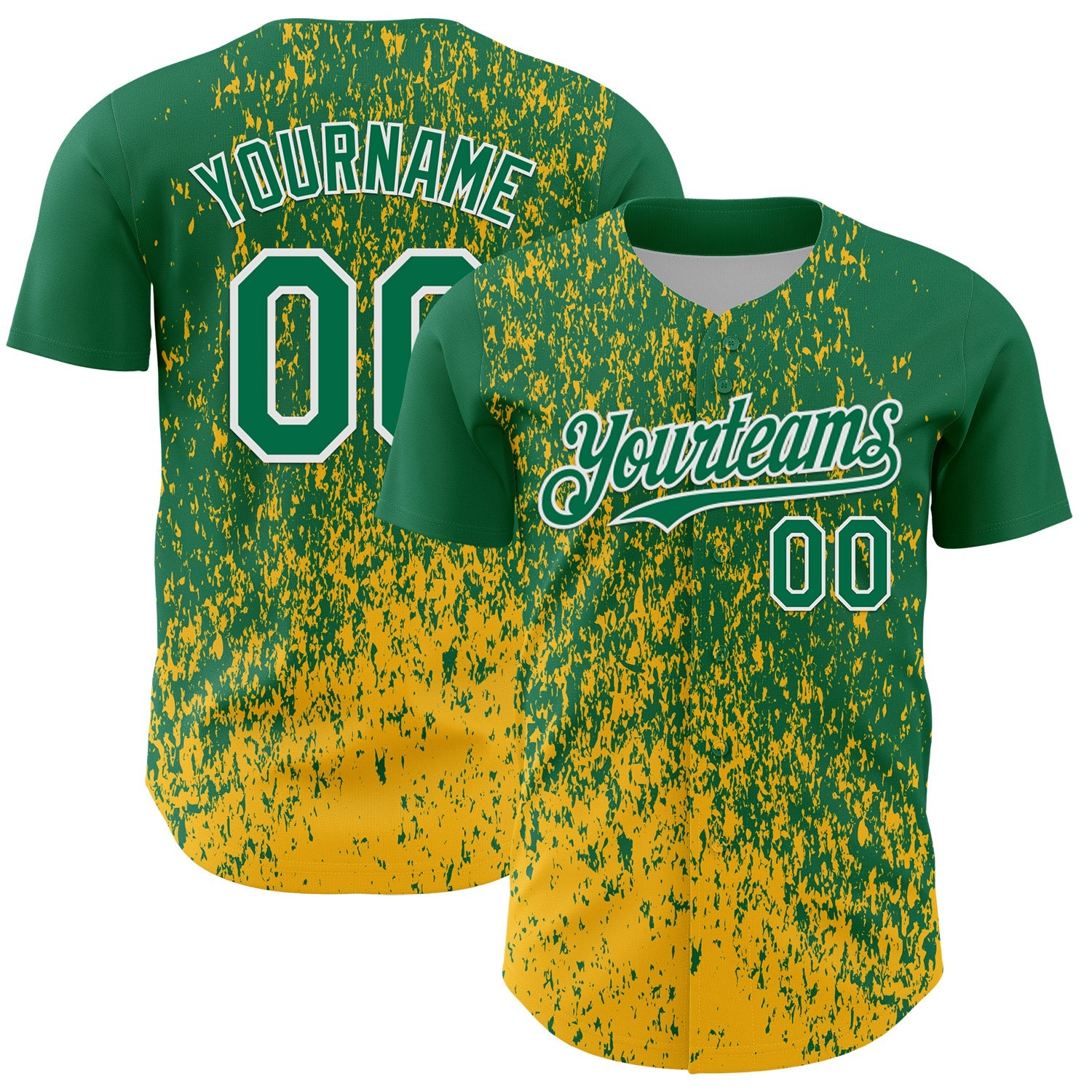Custom Kelly Green Gold-White Abstract Fragment Splatter Authentic Baseball Jersey - Main View