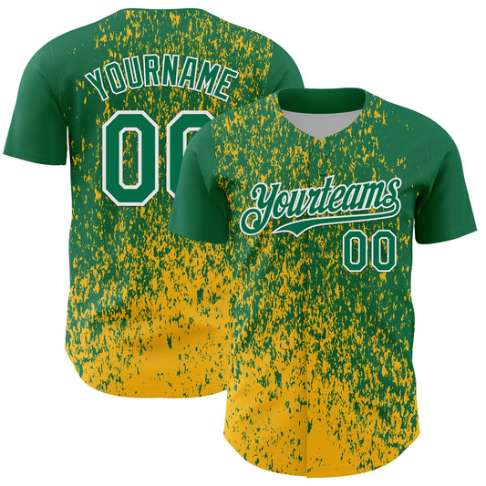 Custom Kelly Green Gold-White Abstract Fragment Splatter Authentic Baseball Jersey - Main View