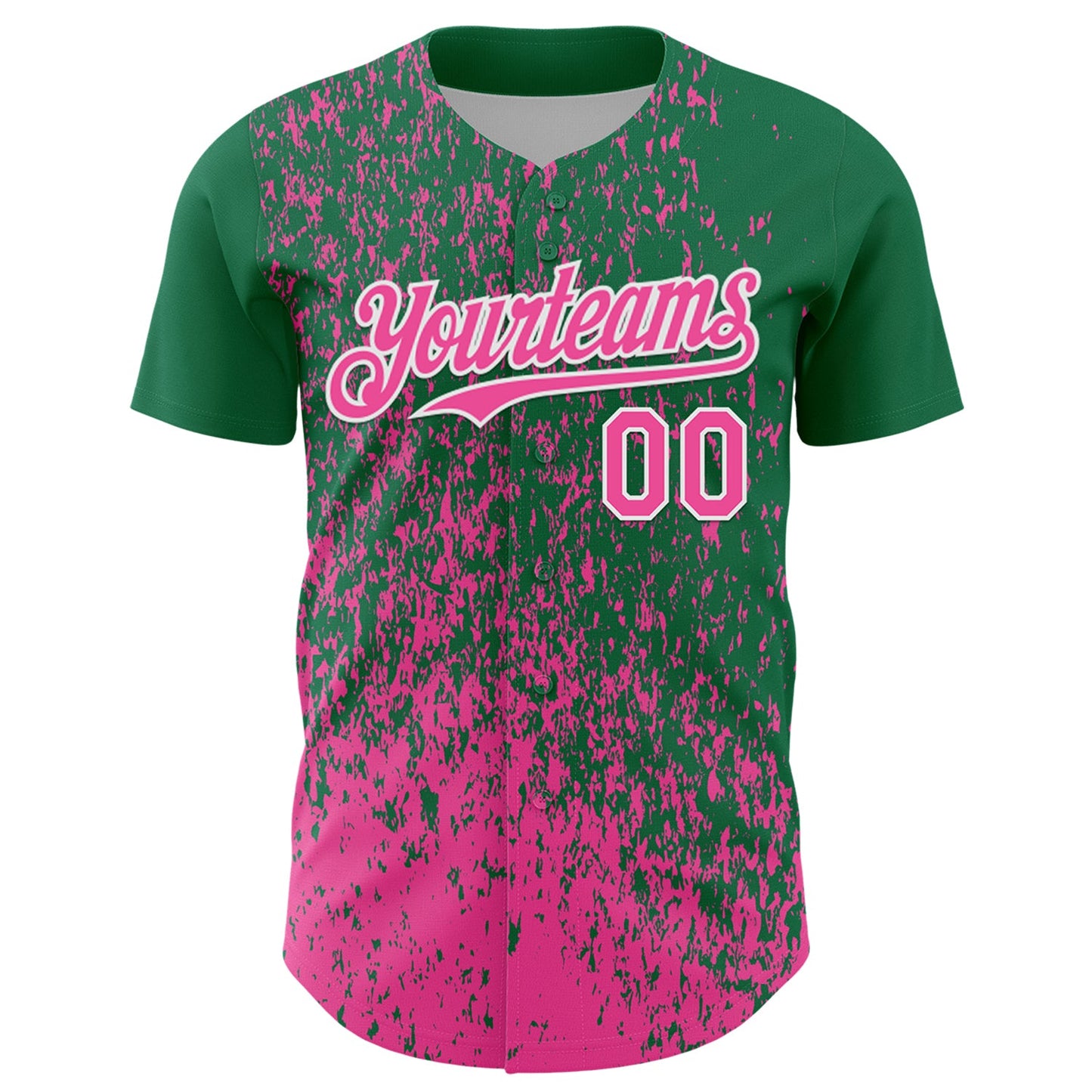 Custom Kelly Green Pink-White Abstract Fragment Splatter Authentic Baseball Jersey view 2