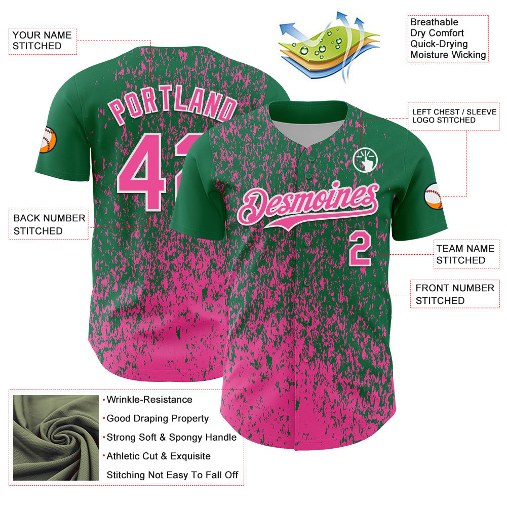 Custom Kelly Green Pink-White Abstract Fragment Splatter Authentic Baseball Jersey view 3