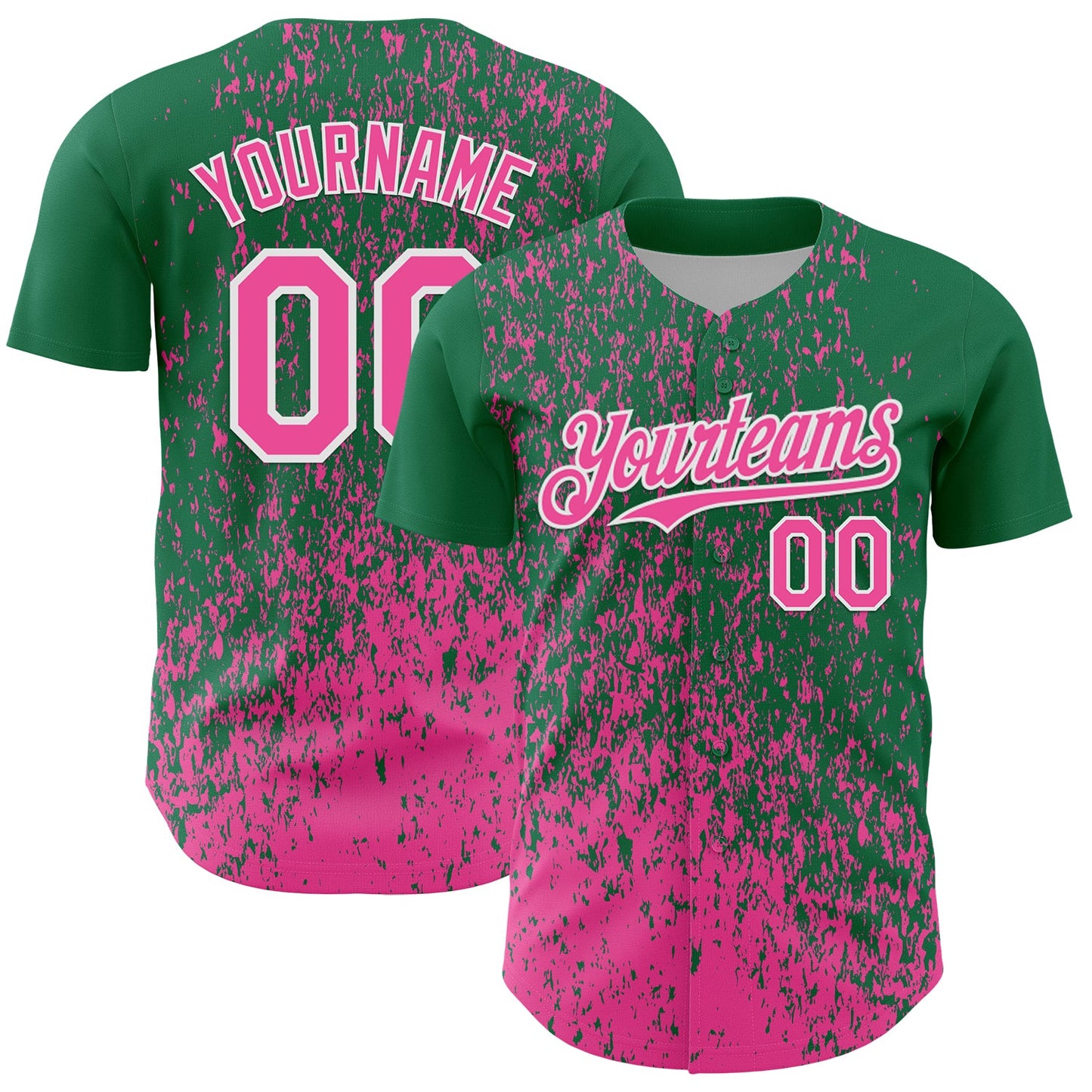 Custom Kelly Green Pink-White Abstract Fragment Splatter Authentic Baseball Jersey - Main View