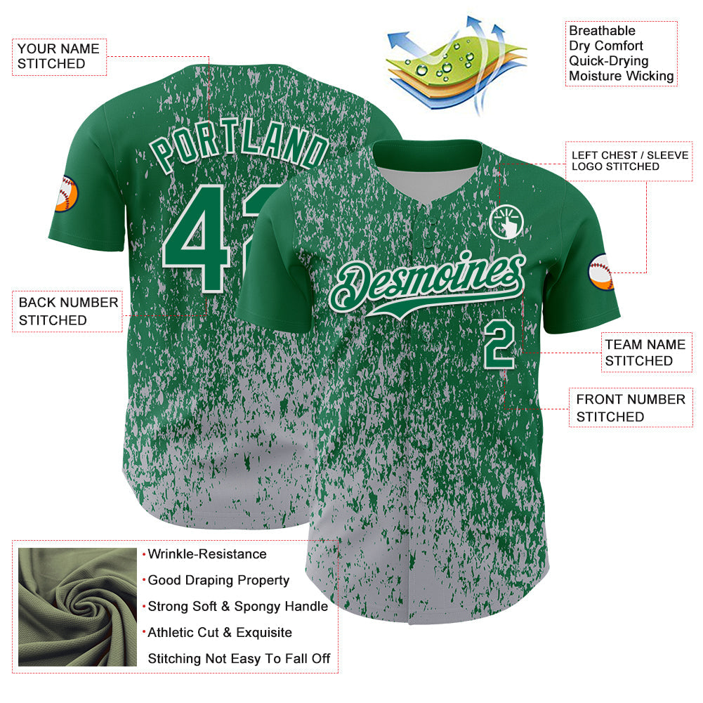 Custom Kelly Green Gray-White Abstract Fragment Splatter Authentic Baseball Jersey view 3