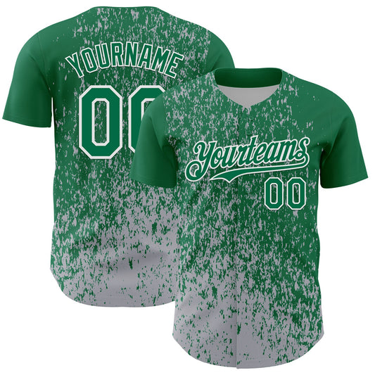 Custom Kelly Green Gray-White Abstract Fragment Splatter Authentic Baseball Jersey - Main View