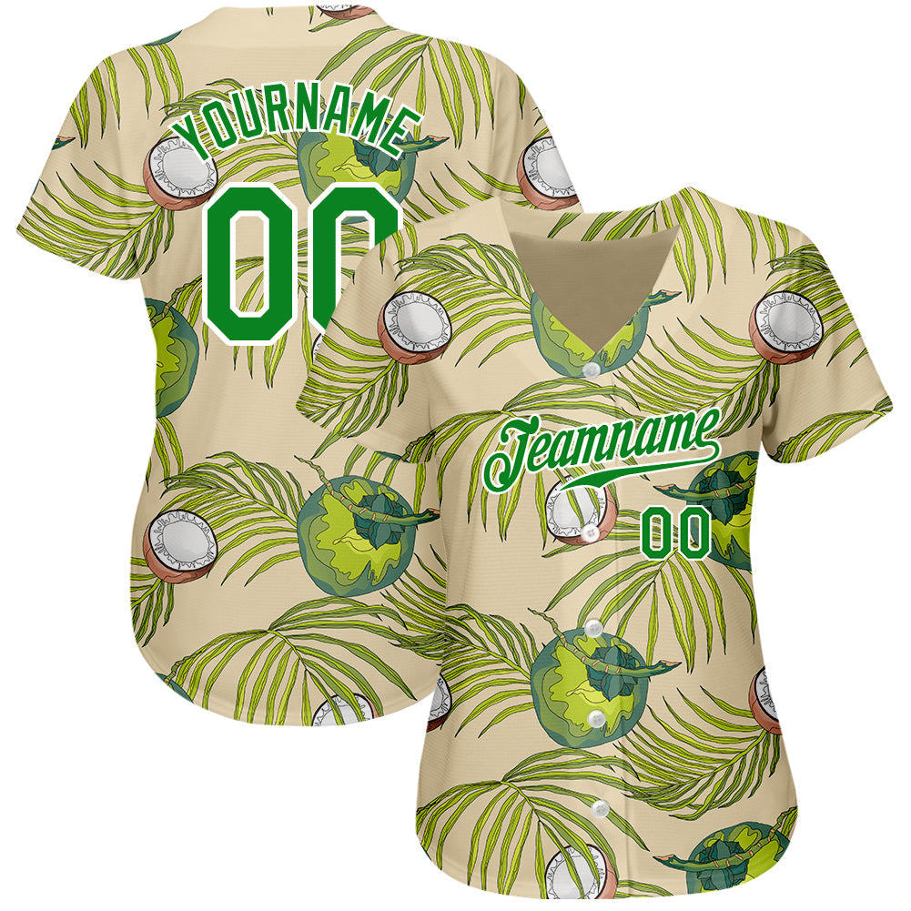 Custom Cream Grass Green-White 3D Pattern Design Coconuts And Leaves Authentic Baseball Jersey view 2