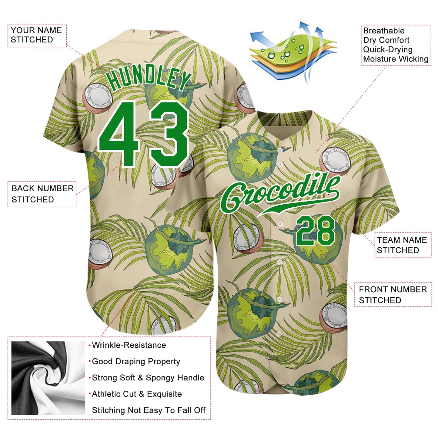 Custom Cream Grass Green-White 3D Pattern Design Coconuts And Leaves Authentic Baseball Jersey view 3