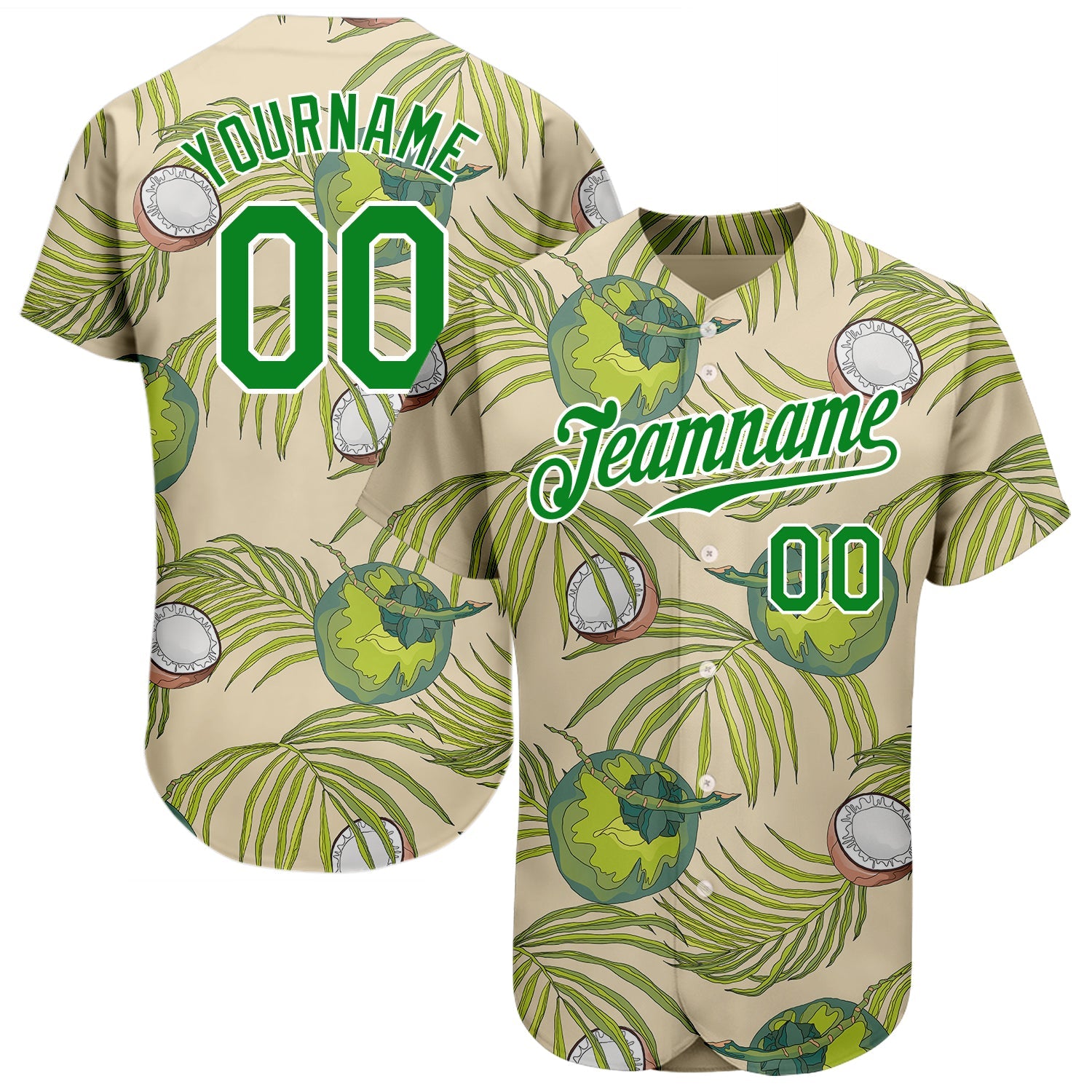 Custom Cream Grass Green-White 3D Pattern Design Coconuts And Leaves Authentic Baseball Jersey - Main View