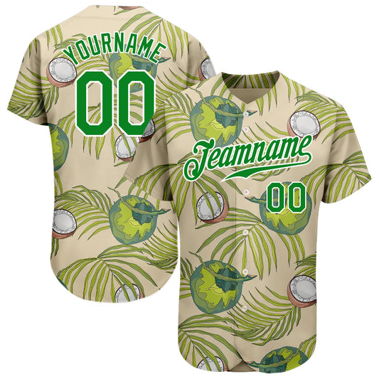 Custom Cream Grass Green-White 3D Pattern Design Coconuts And Leaves Authentic Baseball Jersey - Main View