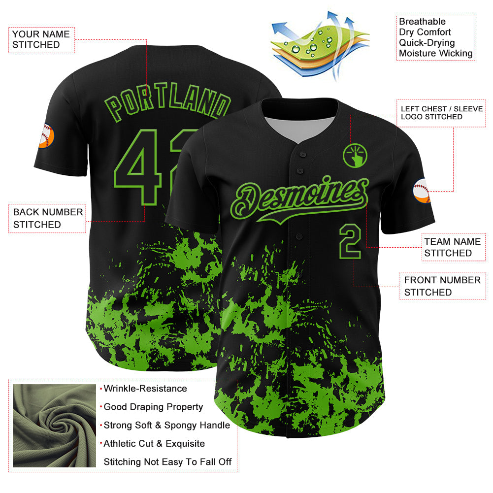 Custom Black Grass Green Splatter Authentic Baseball Jersey view 3