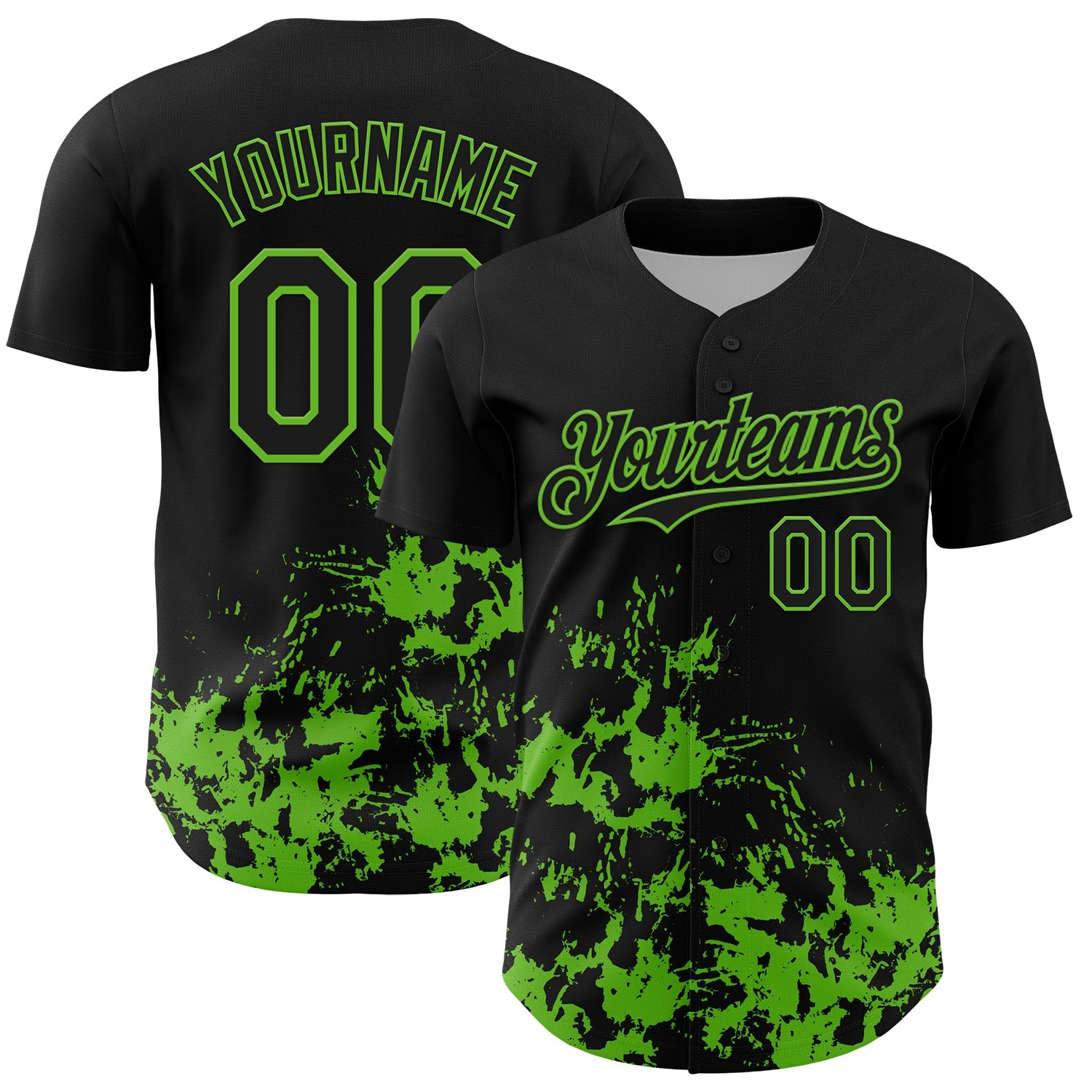 Custom Black Grass Green Splatter Authentic Baseball Jersey - Main View