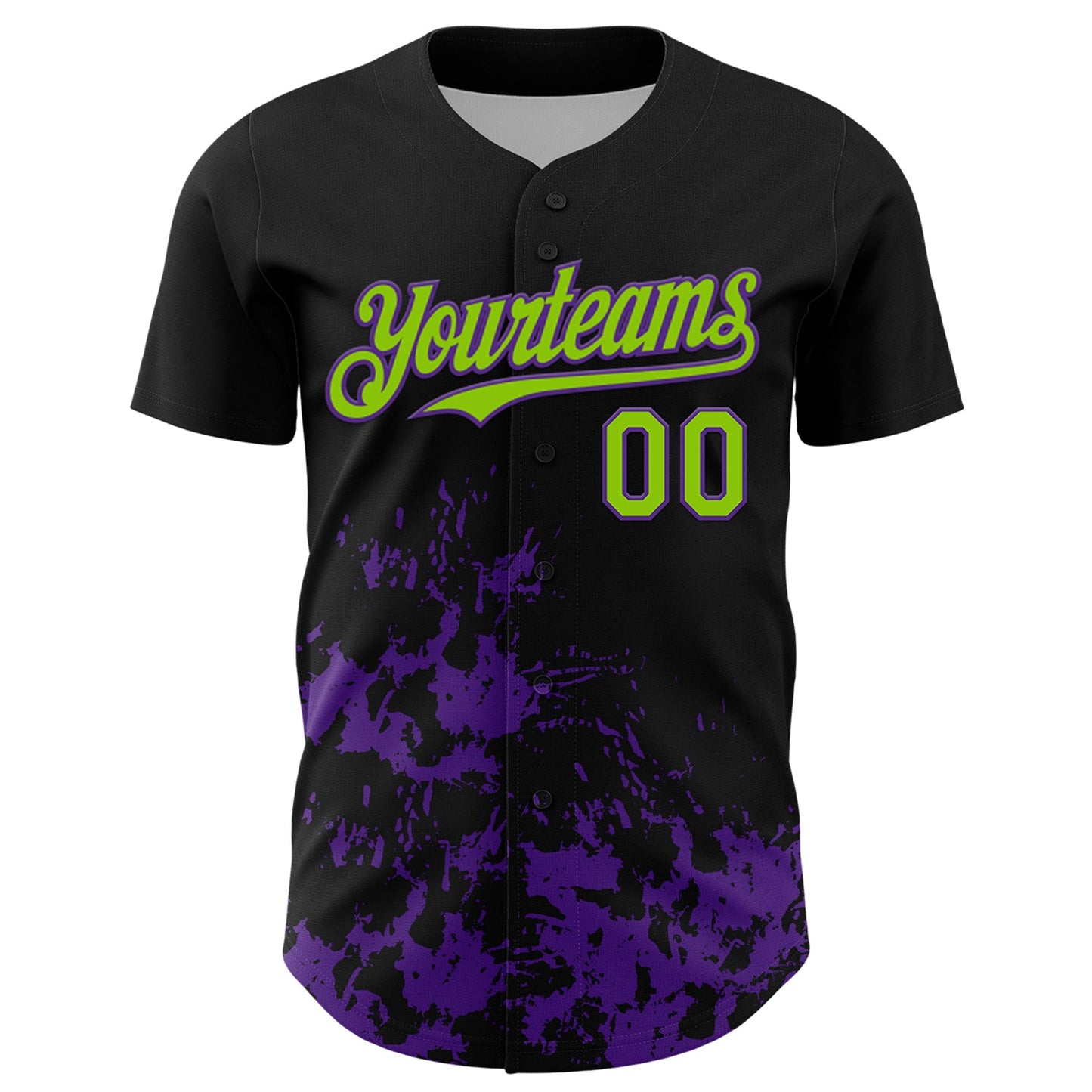 Custom Black Neon Green-Purple Splatter Authentic Baseball Jersey view 2