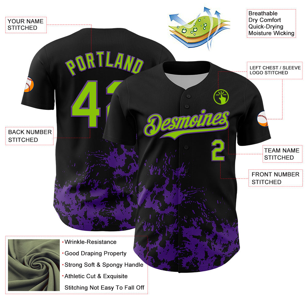 Custom Black Neon Green-Purple Splatter Authentic Baseball Jersey view 3