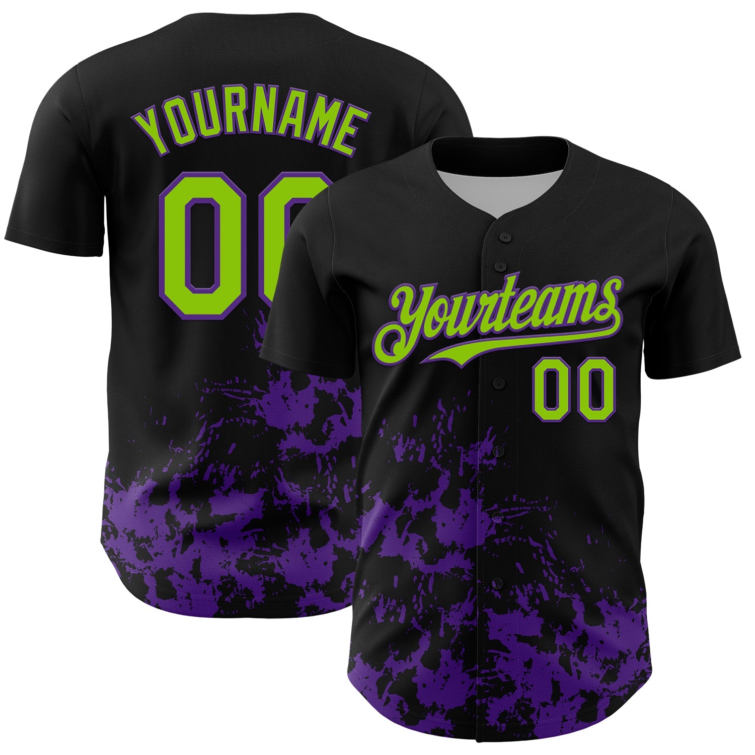 Custom Black Neon Green-Purple Splatter Authentic Baseball Jersey - Main View
