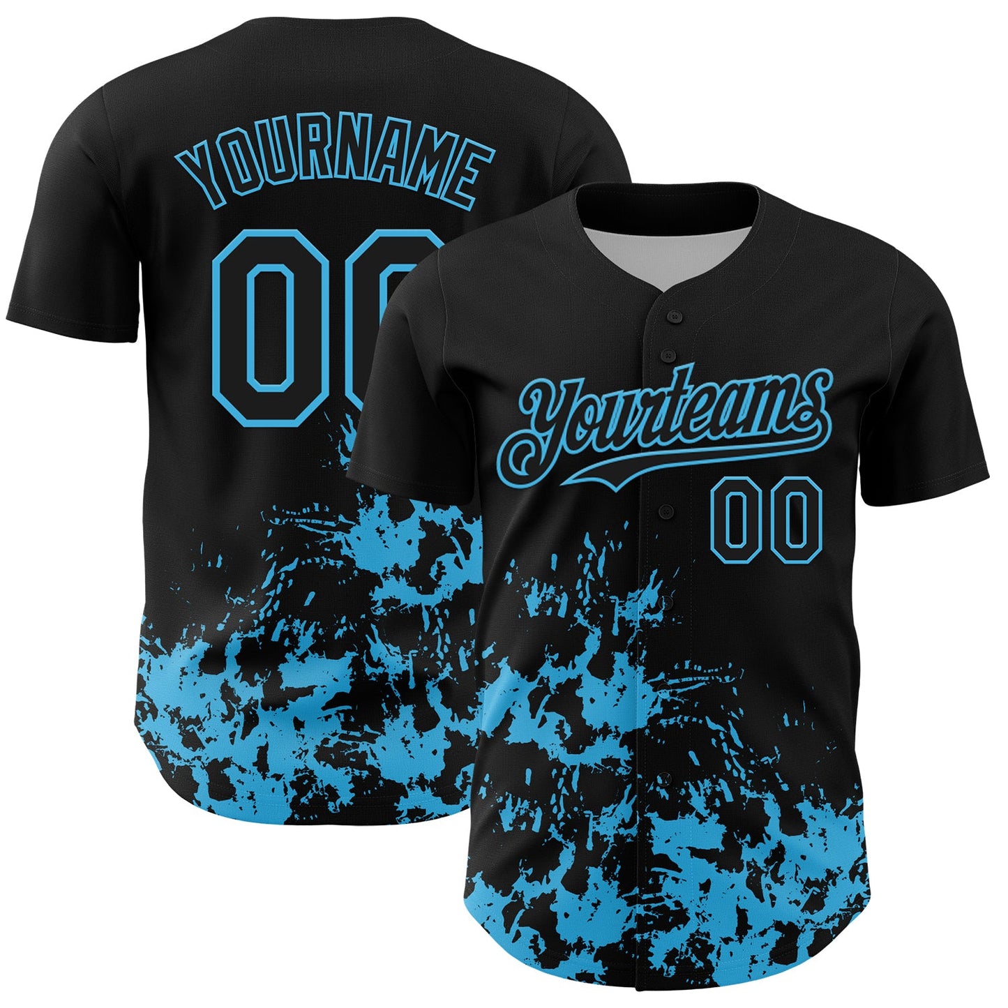 Custom Black Sky Blue Splatter Authentic Baseball Jersey - Main View