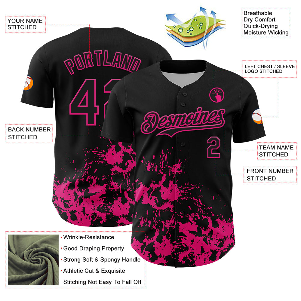 Custom Black Hot Pink Splatter Authentic Baseball Jersey view 3