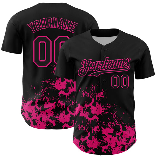 Custom Black Hot Pink Splatter Authentic Baseball Jersey - Main View