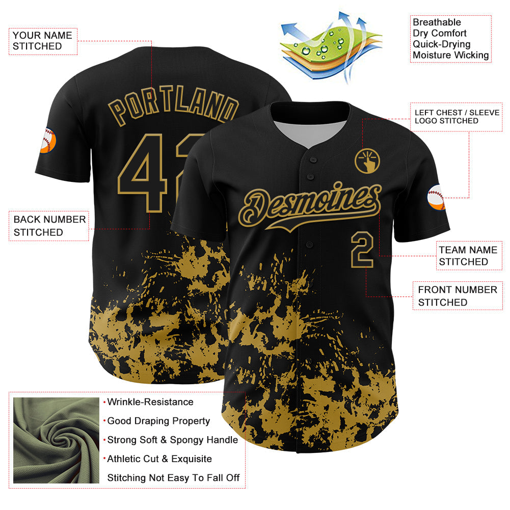 Custom Black Old Gold Splatter Authentic Baseball Jersey view 3