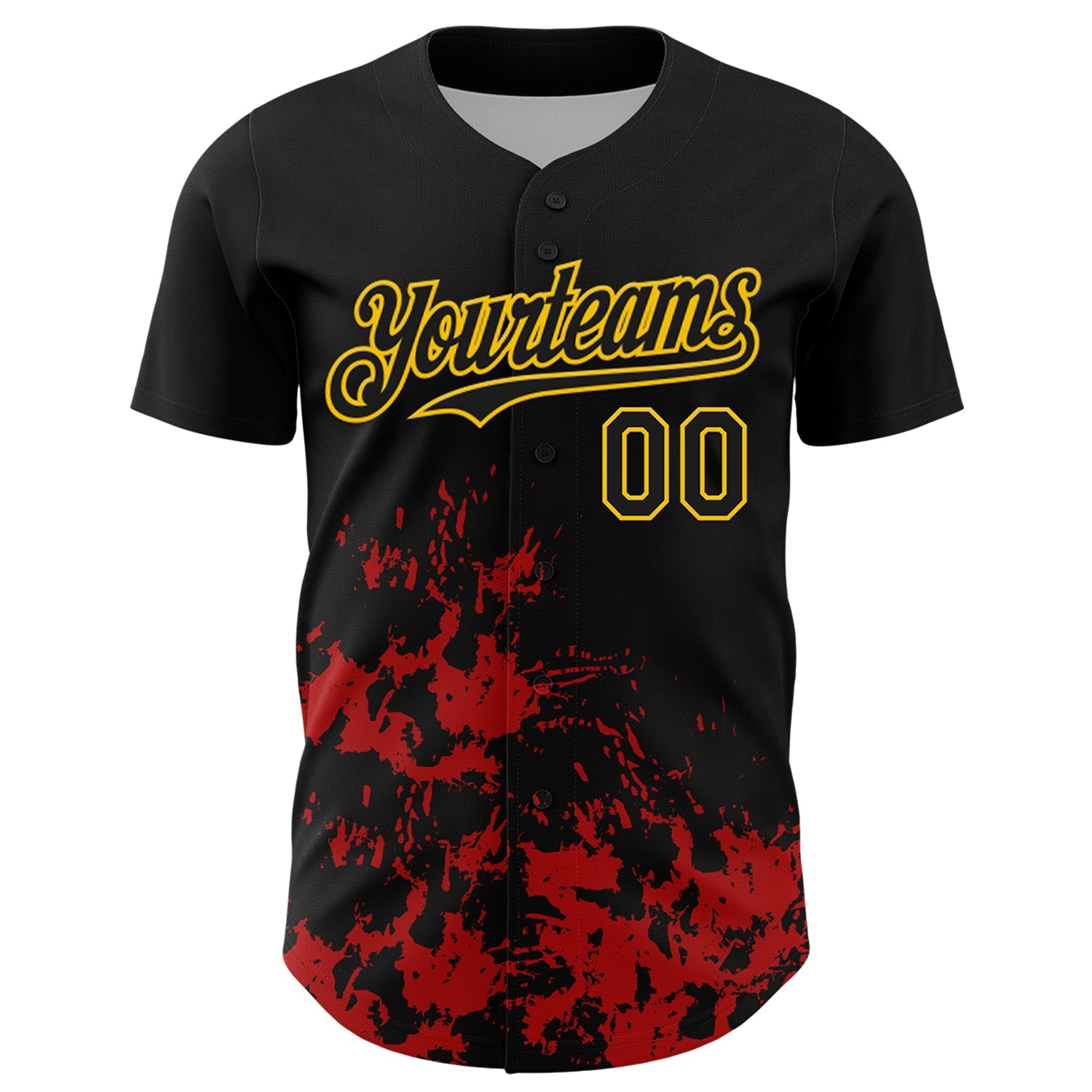 Custom Black Yellow-Red Splatter Authentic Baseball Jersey view 2