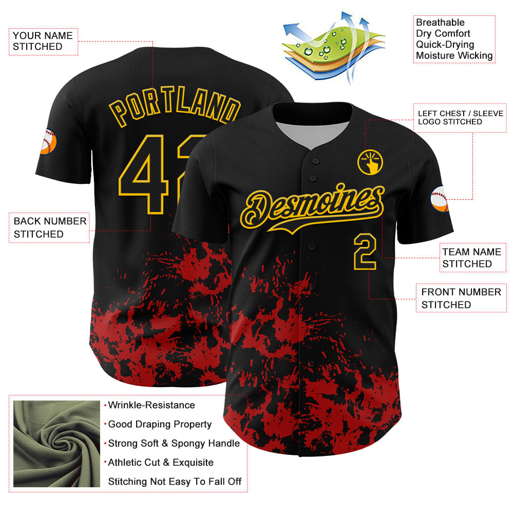 Custom Black Yellow-Red Splatter Authentic Baseball Jersey view 3